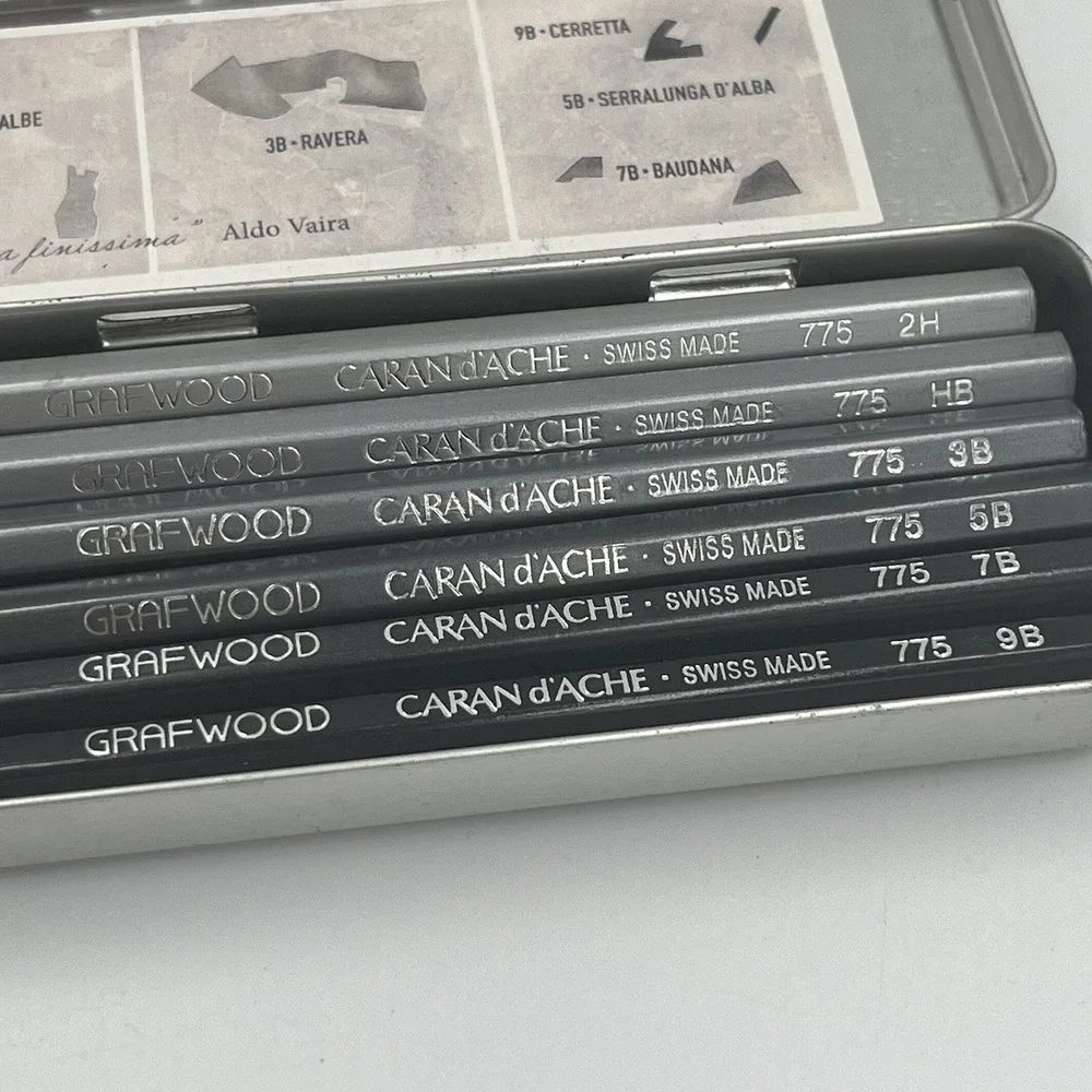 Caran D'ache Metal Box  New Grafwood Drawing Pencils Set of 6 -2H HB 3B 5B 7B 9B